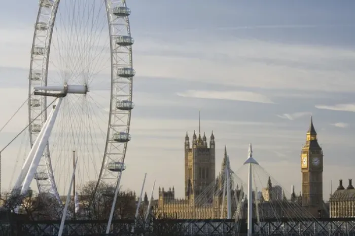 Framed Print : Europe, ENGLAND-London: Southbank- London Eye and Houses of Parliament / Morning Framed Print : Europe, ENGLAND-London: Southbank- London Eye and Houses of Parliament / Morning