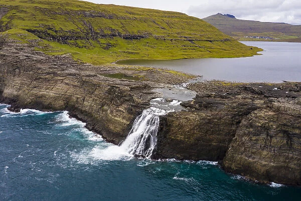 Europe, Faroe Islands. Aerial view Aerial view of Bosdalafossur