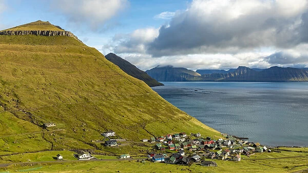 Europe, Faroe Islands. View of the village of Funningur on the island of Eysturoy