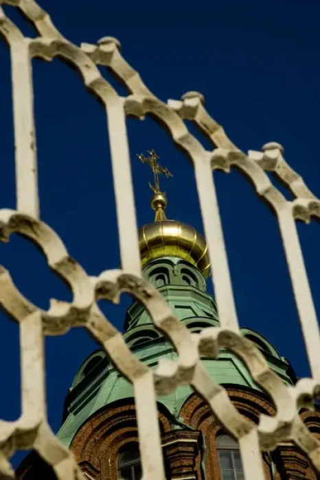 Framed Print : Europe, Finland, Helsinki. Spire of Uspenski Cathedral seen through metal gate. Credit as Framed Print : Europe, Finland, Helsinki. Spire of Uspenski Cathedral seen through metal gate. Credit as