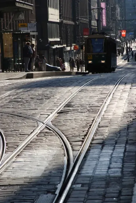 Framed Print : Europe, Finland, Helsinki, Tramway tracks with a tram in city center Framed Print : Europe, Finland, Helsinki, Tramway tracks with a tram in city center