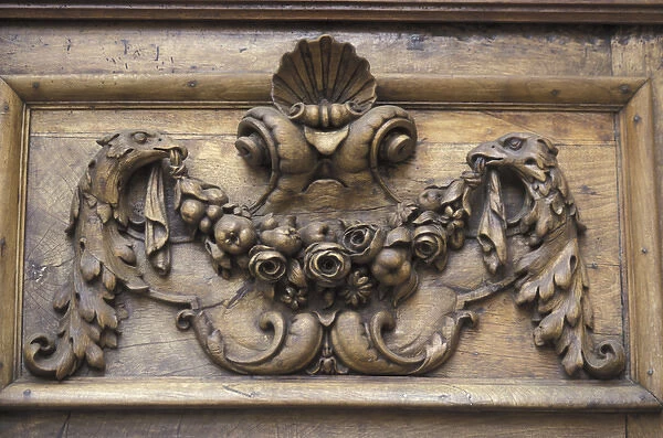 Europe, France, Aix en Provence. Decorative door carving