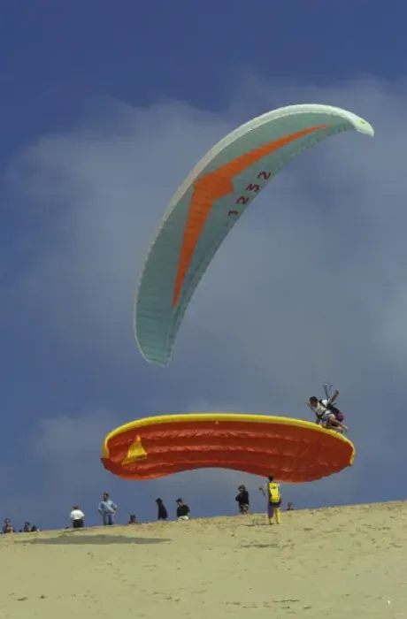 Framed Print : Europe, France, Aquitania, Dunes du Pilat. Paragliding on atlantic coast