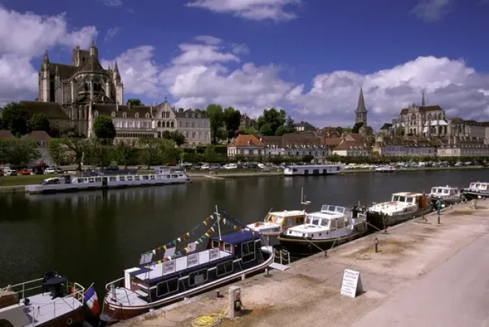 Framed Print : Europe, France, Burgundy, Auxerre. View of Cathedral and Yonne River barges