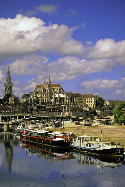 Europe, France, Burgundy, Auxerre. View of Cathedral with river barges