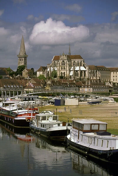 Europe, France, Burgundy, Auxerre. Cathedral and Yonne River barges