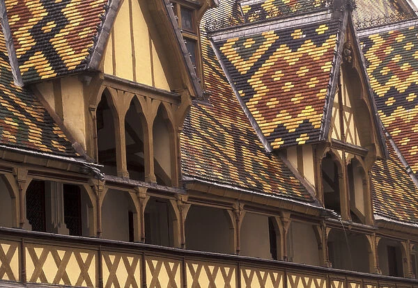 Europe, France, Burgundy, Cote-d Or, Beaune Tiled roofs of the Hotel Dieu