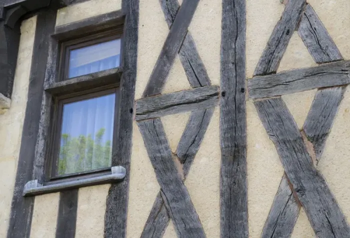 Framed Print : Europe, France, Burgundy, Nievre, Nevers. Medieval half-timbered house with glass window Framed Print : Europe, France, Burgundy, Nievre, Nevers. Medieval half-timbered house with glass window