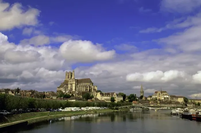 Framed Print : Europe, France, Burgundy, Yonne, Auxerre. View of Cathedral and Yonne River barges
