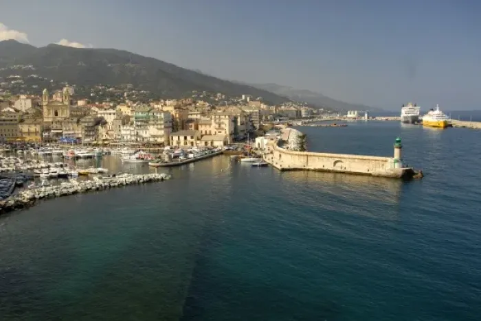 Framed Print : Europe, France, Corsica, Bastia. Vieux Port and St Nicholas Harbor visible from ramparts