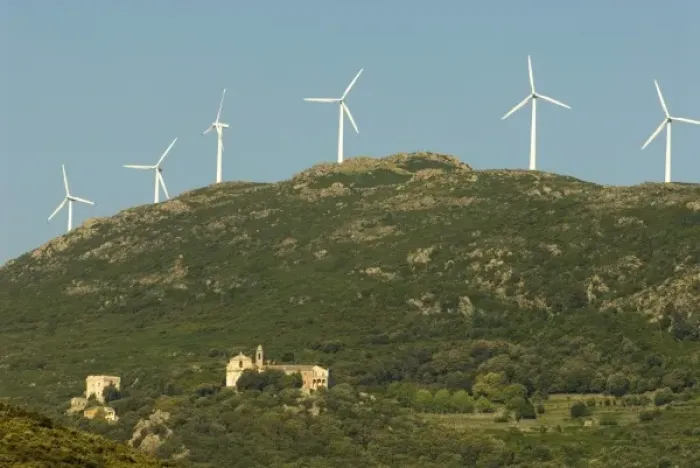 Framed Print : Europe, France, Corsica, Maccinagio. Blend of old and new with modern windpower turbines