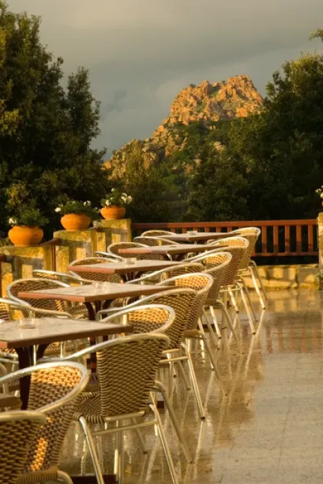 Framed Print : Europe, France, Corsica, Piana. Elegant outdoor dining option at Hotel des Roches Rouges