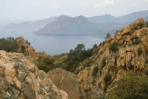 Europe, France, Corsica, Piana. Grand vistas of granite cliffs and Mediterranean