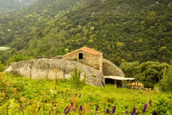 Framed Print : Europe, France, Corsica. Quaint House between the rocks just off road between Porto Framed Print : Europe, France, Corsica. Quaint House between the rocks just off road between Porto