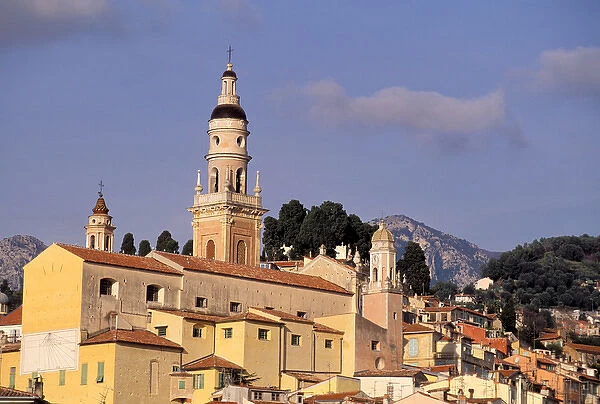 Europe, France, Cote D Azur, Menton. View of church tower