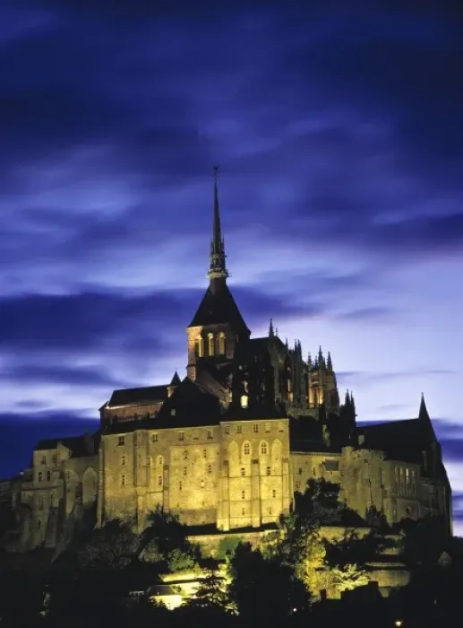 Framed Print : Europe, France, Le Mont St. -Michel. Flood lights add relief to the interesting architecture Framed Print : Europe, France, Le Mont St. -Michel. Flood lights add relief to the interesting architecture
