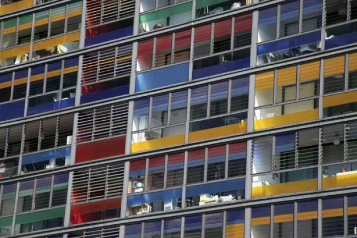 Framed Print : Europe, France, Lille. Colorful windows of the apartments adjacent to Lille Station