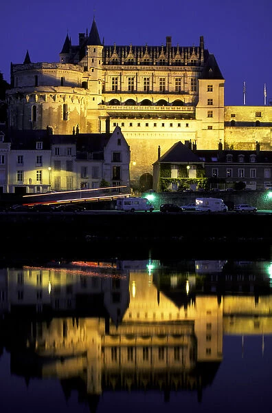 Europe, France, Loire Valley, Amboise. Chateau Amboise and Loire River at night