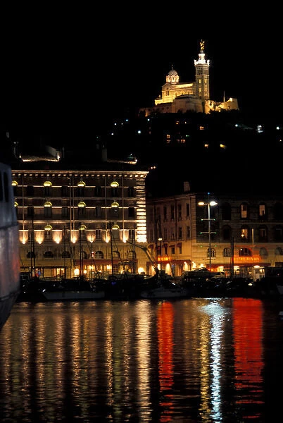 Europe, France, Marseilles, Notre Dame de la Garde at night