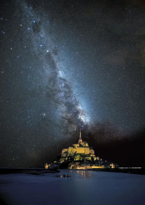 Framed Print : Europe, France. Milky Way over Le Mont St. Michel landmark