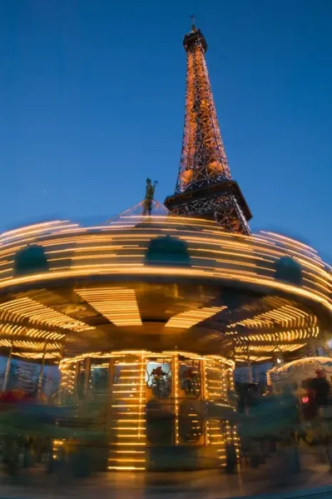 Framed Print : Europe, France, Paris, Eiffel Tower Area: Evening View of the Eiffel Tower & Carousel Framed Print : Europe, France, Paris, Eiffel Tower Area: Evening View of the Eiffel Tower & Carousel
