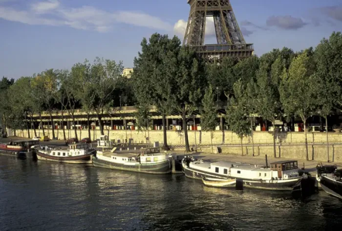 Framed Print : Europe, France, Paris Eiffel Tower, Seine, barges