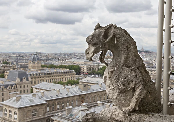 Europe, France, Paris. A gargoyle on the Notre Dame Cathedral