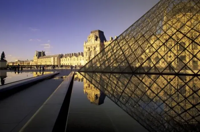 Framed Print : Europe, France, Paris. Le Louvre and glass pyramid with reflections in water Framed Print : Europe, France, Paris. Le Louvre and glass pyramid with reflections in water