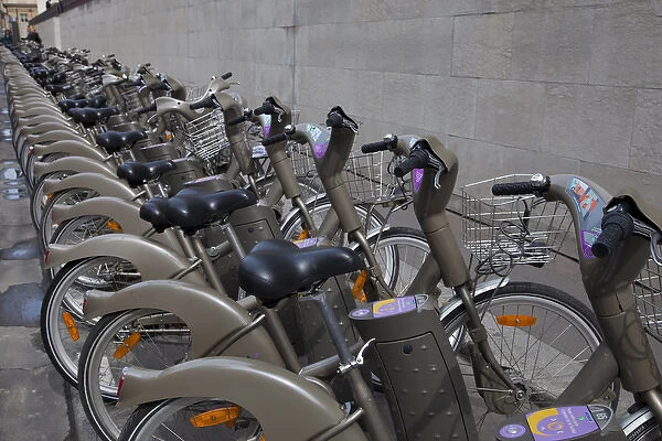 Europe, France, Paris. Line of bicycles for rent in the Velib bike transit system