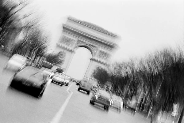 Europe, France, Paris. Spinning Champs Elysees, with Arc de Triomphe