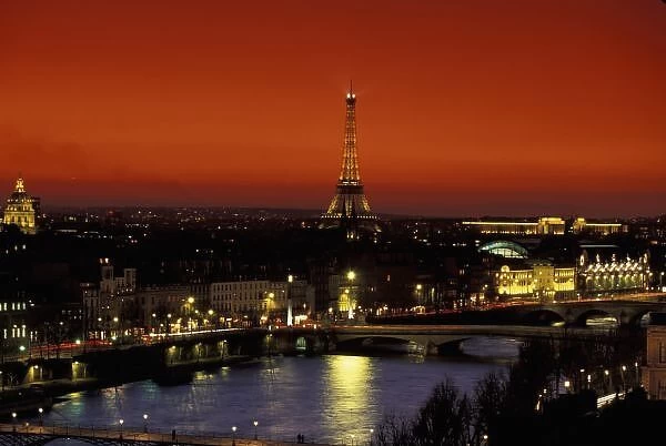 Europe, France, Paris. Sunset view of Eiffel Tower and Seine River