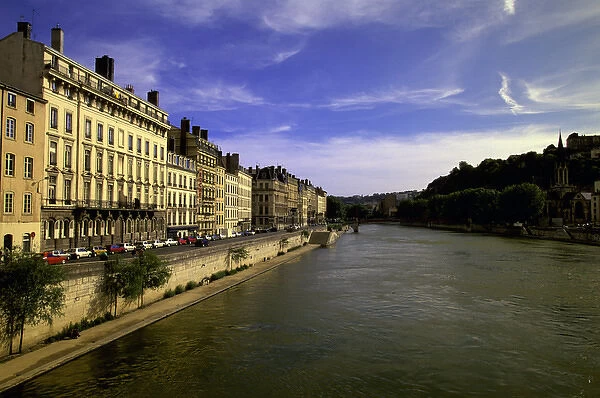 Europe, France, Rhone Valley, Lyon. Saone River, Quai Tilsitt with riverfront buildings