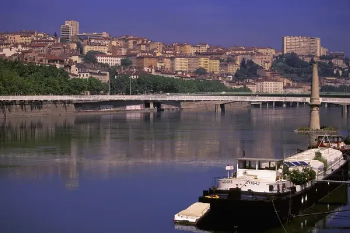 Framed Print : Europe, France, Rhone Valley, Lyon. Barges on the Rhone River