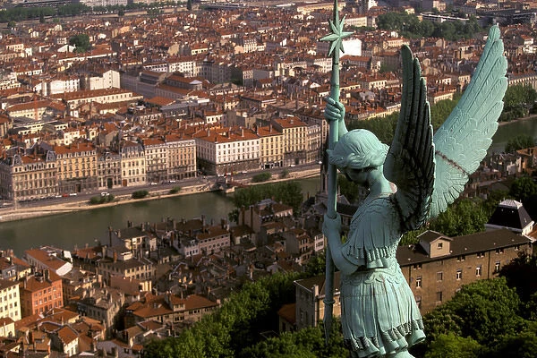 Europe, France, Rhone Valley, Lyon. View from atop L Observatoire with copper angel