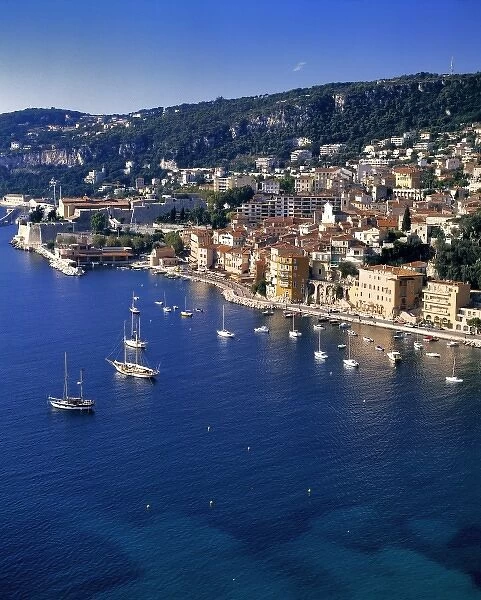 Europe, France, Villefranche. Pleasure boats moor in the small harbor at Villefranche