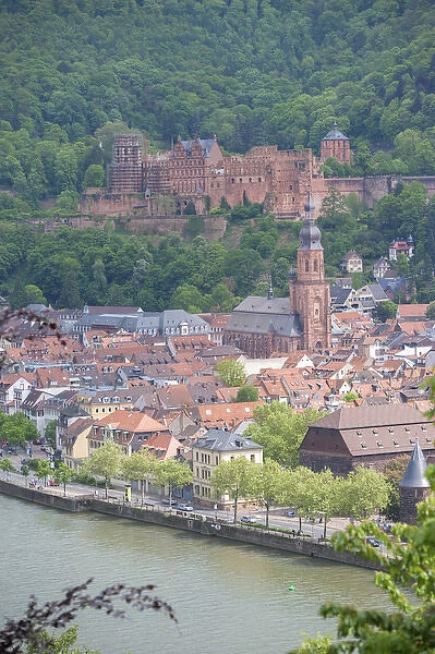 Europe, Germany, Baden-Wurttemberg, Heidelberg, view of Heidelberg Castle, Neckar River