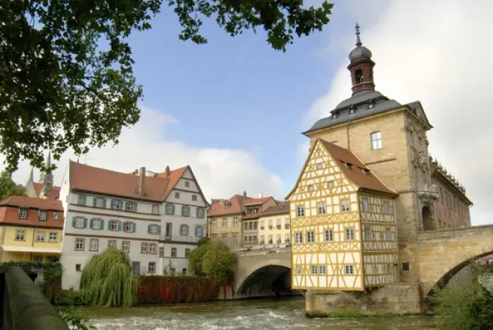 Framed Print : Europe, Germany, Bavaria, Bamberg, Old Town Hall on the river Regnitz