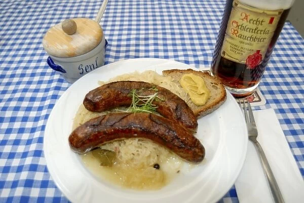 Europe, Germany, Bavaria, Bamberg, Traditional lunch of sausage, sauerkraut and beer