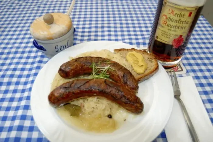 Framed Print : Europe, Germany, Bavaria, Bamberg, Traditional lunch of sausage, sauerkraut and beer Framed Print : Europe, Germany, Bavaria, Bamberg, Traditional lunch of sausage, sauerkraut and beer