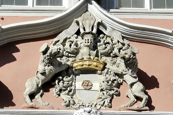 Europe, Germany, Bavaria, Bamberg, Coat of Arms over the doorway of the Haus zum Saal