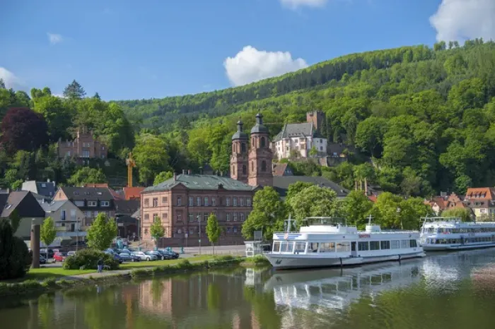 Framed Print : Europe, Germany, Bavaria, Miltenberg, boats docked near the old town