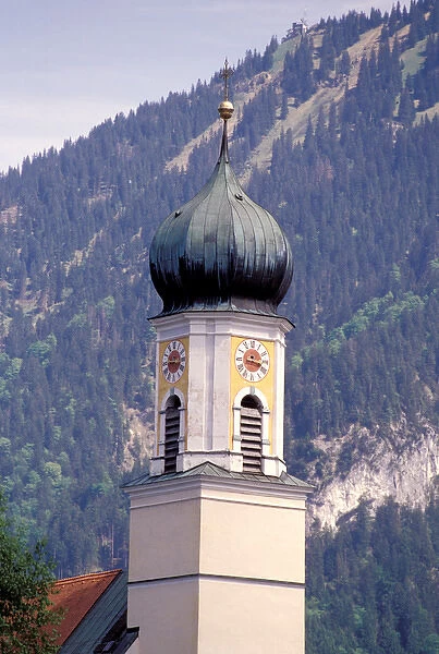 Europe, Germany, Bavaria, Oberammergau. Church steeple