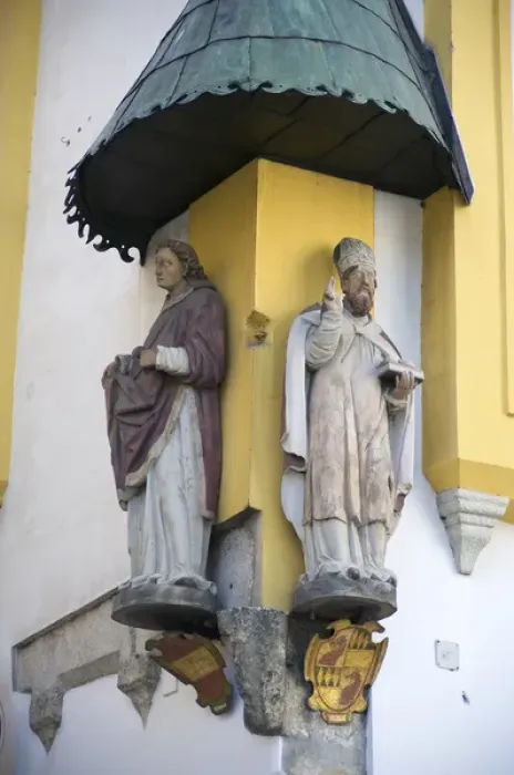 Framed Print : Europe, Germany, Bavaria, Passau, religious sculpture on building corner Framed Print : Europe, Germany, Bavaria, Passau, religious sculpture on building corner