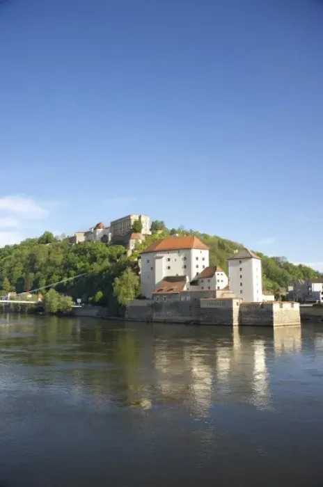 Framed Print : Europe, Germany, Bavaria, Passau, Oberhaus Fortress and Niederhaus Fortress along Framed Print : Europe, Germany, Bavaria, Passau, Oberhaus Fortress and Niederhaus Fortress along