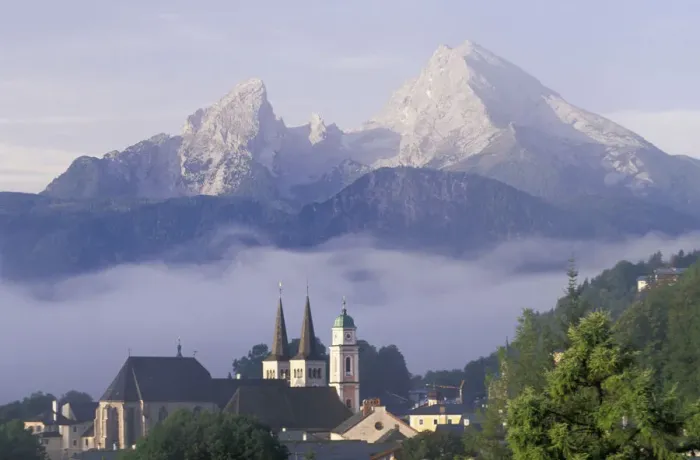 Framed Print : Europe, Germany, Berchtesgaden. Steeples of St. Andrews and St. Peter as mist clears