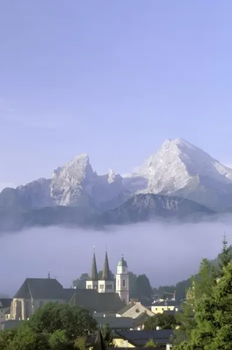 Framed Print : Europe, Germany, Berchtesgaden. Steeples of St. Andrews and St. Peter as mist clears Framed Print : Europe, Germany, Berchtesgaden. Steeples of St. Andrews and St. Peter as mist clears