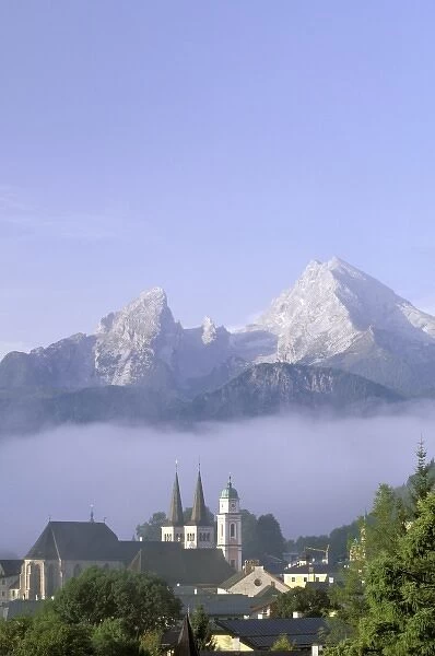 Europe, Germany, Berchtesgaden. Steeples of St. Andrews and St. Peter as mist clears