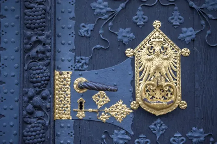 Framed Print : Europe, Germany, Hessen, Frankfurt, WeihnachtsmarktaA, City Hall door, detail Framed Print : Europe, Germany, Hessen, Frankfurt, WeihnachtsmarktaA, City Hall door, detail
