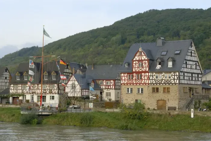 Framed Print : Europe, Germany, Hessen, Oberspay, Crusing past half timber houses along the Rhine Framed Print : Europe, Germany, Hessen, Oberspay, Crusing past half timber houses along the Rhine