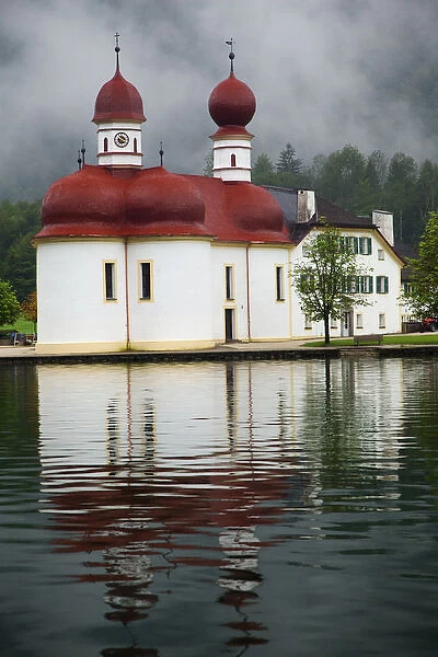 Europe, Germany, Lake Konigssee. St. Bartholomews Church in Berchtesgaden National Park